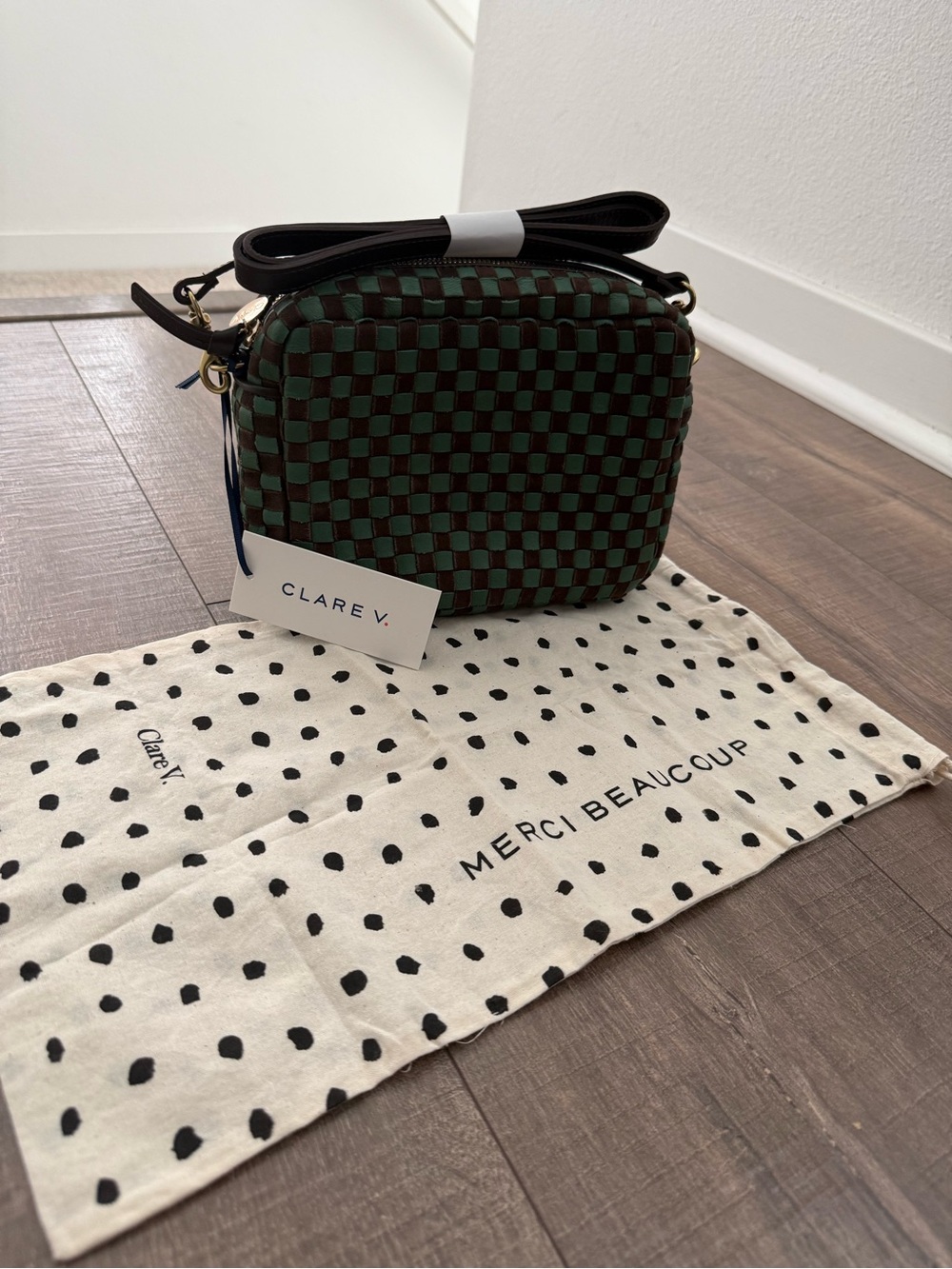 Clare V Brown and Green Woven Checkerboard Crossbody - Picture 3 of 12